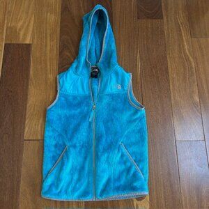 North face hooded turquoise fuzzy fleece vest